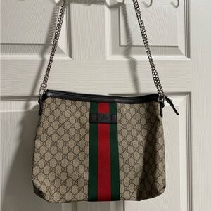 Gucci GG Supreme Monogram Calfskin Web Medium Flat Messenger Bag